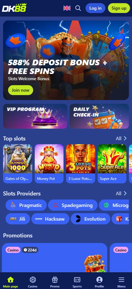 DK88 mobile app interface showing casino games and sports betting
